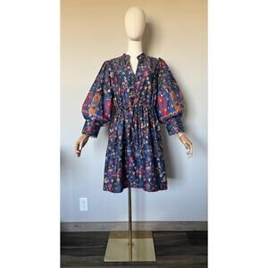 EMILY LOVELOCK Sz Large NOUREEN DRESS MIDNIGHT BLUE Puff Sleeve Cotton